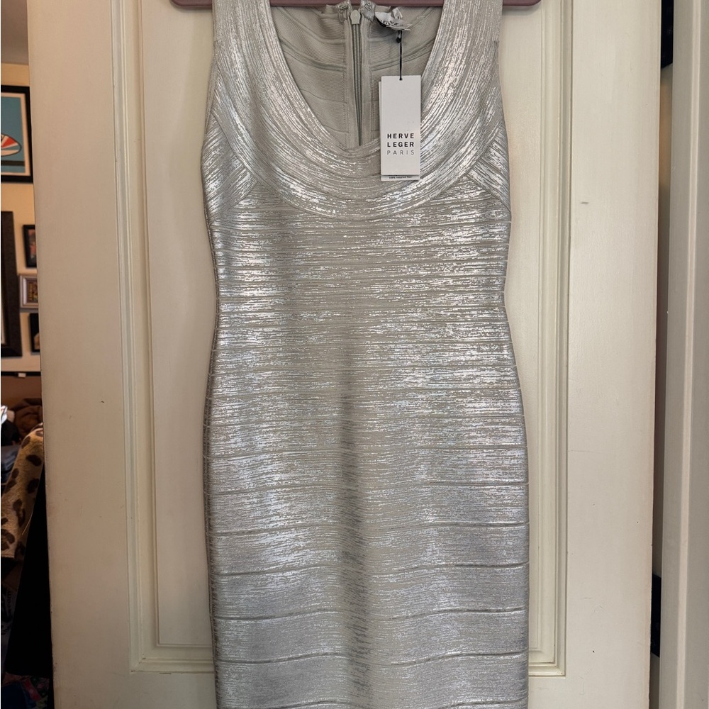 Herve Leger Silver Bandage Dress large